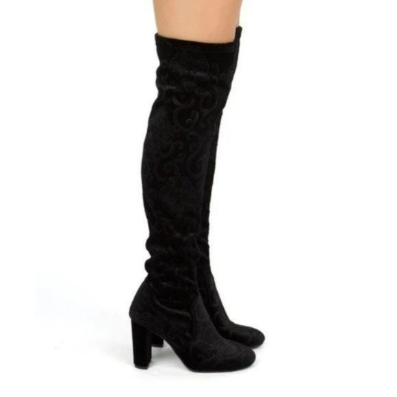 Black embroidered over the knee boots chunky block heel velvet - Picture 4 of 8